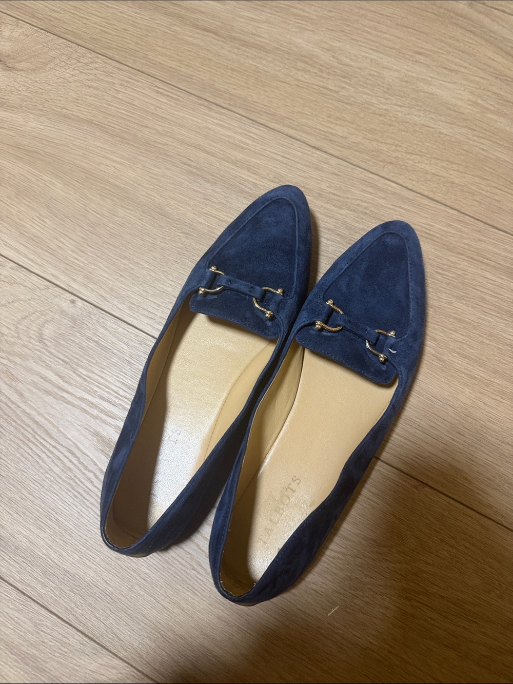 Talbots Navy Suede Loafers with Gold Hardware